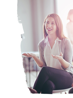 Positive smiling female investor mid conversation