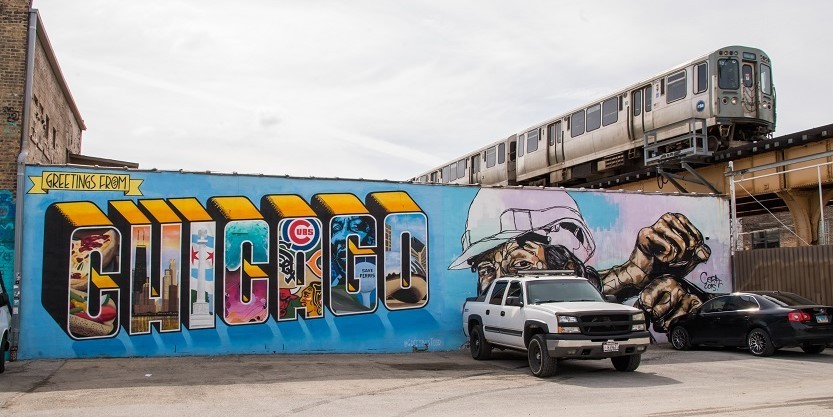 an artist mural in Chicago's Logan Square neighborhood